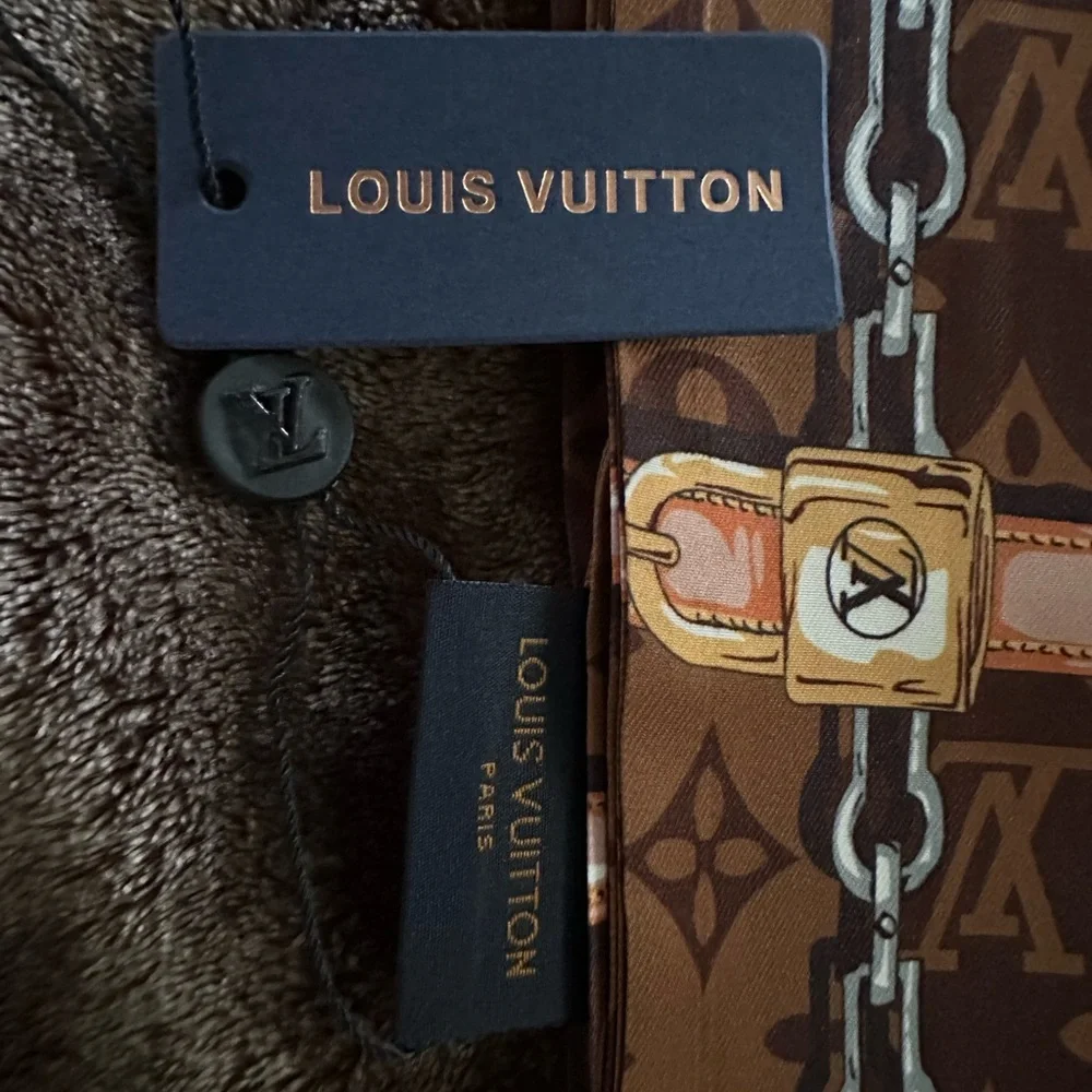 Louis Vuitton Brown Monogram Printed Silk Scarf with Gold Accents - Picture 3 of 3